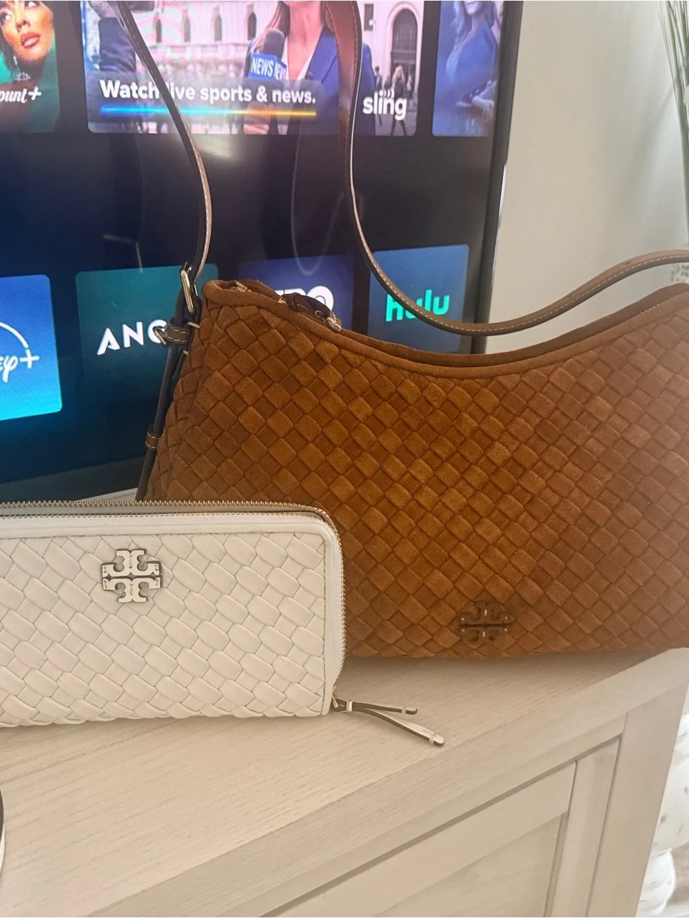 Tory Burch Woven Shoulder Bag in Chestnut Brown with Ivory Wallet